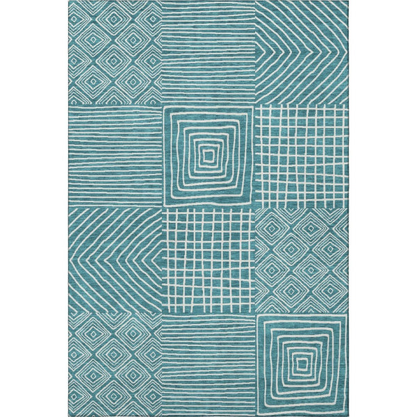HomeRoots 5' X 8' Teal and Ivory Geometric Area Rug – Durable, Washable, UV-Protected for Modern Spaces 681931