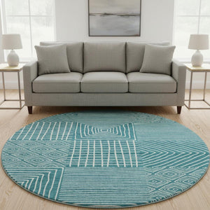 HomeRoots 8' Teal and Ivory Geometric Round Rug – Stylish, Washable, UV-Protected, Perfect for Homes with Kids! 681932