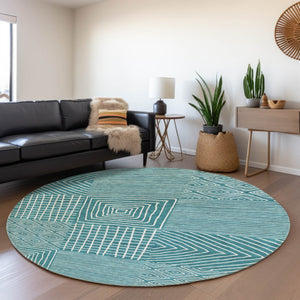 HomeRoots 8' Teal and Ivory Geometric Round Rug – Stylish, Washable, UV-Protected, Perfect for Homes with Kids! 681932