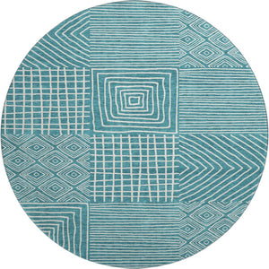 HomeRoots 8' Teal and Ivory Geometric Round Rug – Stylish, Washable, UV-Protected, Perfect for Homes with Kids! 681932