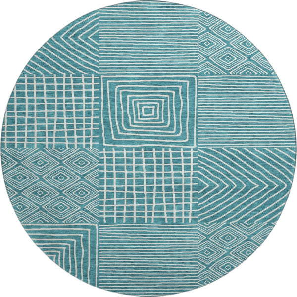 HomeRoots 8' Teal and Ivory Geometric Round Rug – Stylish, Washable, UV-Protected, Perfect for Homes with Kids! 681932
