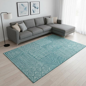 HomeRoots 8' X 10' Teal And Ivory Geometric Area Rug - Durable, Washable, UV-Protected for High-Traffic Spaces! 681933