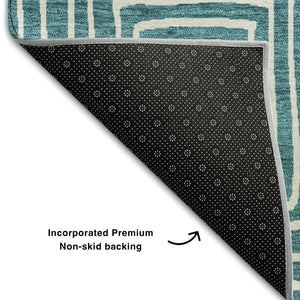 HomeRoots 8' X 10' Teal And Ivory Geometric Area Rug - Durable, Washable, UV-Protected for High-Traffic Spaces! 681933