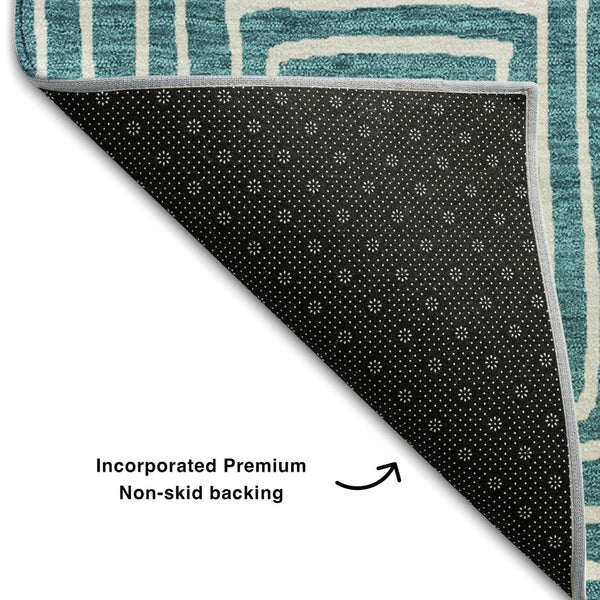 HomeRoots 8' X 10' Teal And Ivory Geometric Area Rug - Durable, Washable, UV-Protected for High-Traffic Spaces! 681933