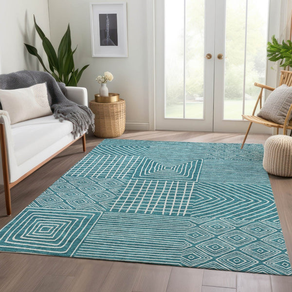 HomeRoots 8' X 10' Teal And Ivory Geometric Area Rug - Durable, Washable, UV-Protected for High-Traffic Spaces! 681933
