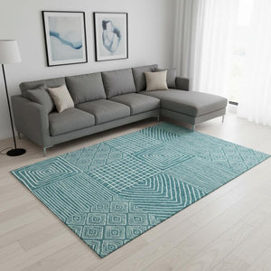 HomeRoots 9' X 12' Teal and Ivory Geometric Area Rug - Washable, UV-Protected, Perfect for Busy Homes! 681934