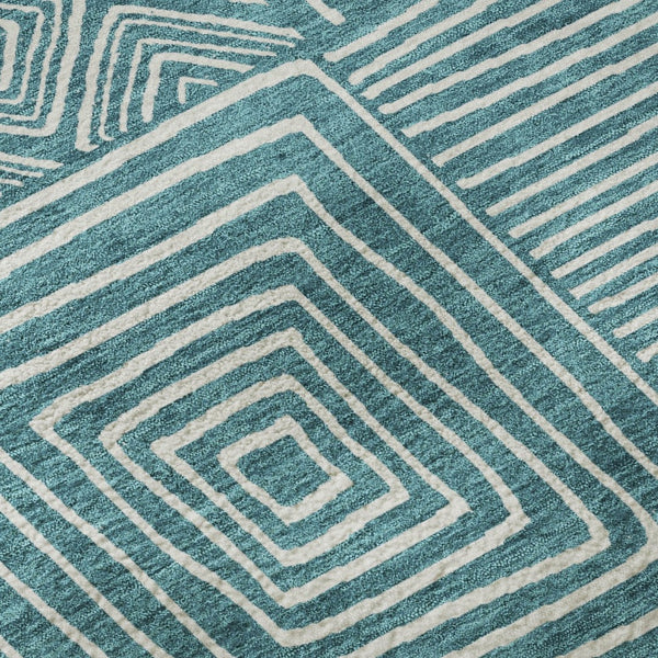 HomeRoots 9' X 12' Teal and Ivory Geometric Area Rug - Washable, UV-Protected, Perfect for Busy Homes! 681934