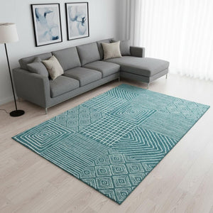 HomeRoots 10' Teal and Ivory Geometric Area Rug - Washable, Stain-Resistant, and UV-Protected for Modern Spaces 681935