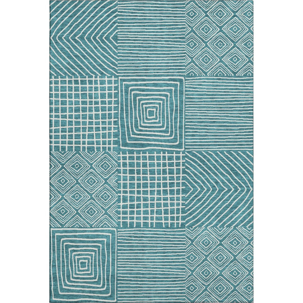 HomeRoots 10' Teal and Ivory Geometric Area Rug - Washable, Stain-Resistant, and UV-Protected for Modern Spaces 681935