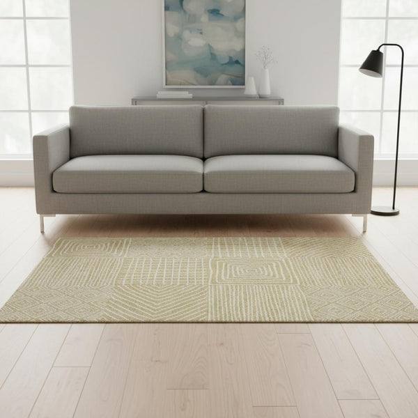 HomeRoots 5' Wheat and Ivory Geometric Area Rug - Washable, UV-Protected, Durable for Homes with Kids & Pets 681937