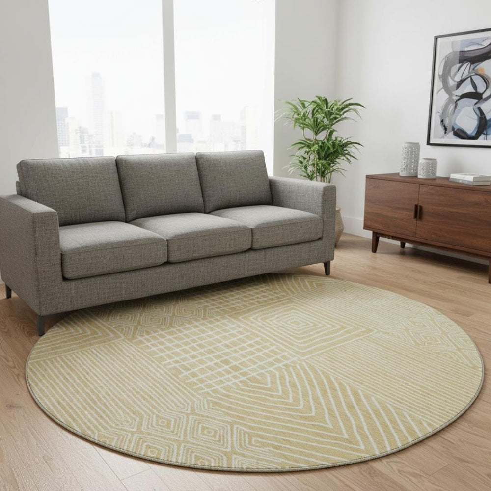 HomeRoots 8' Wheat and Ivory Geometric Round Rug – Washable, UV-Protected, Stylish & Durable for Any Space 681938
