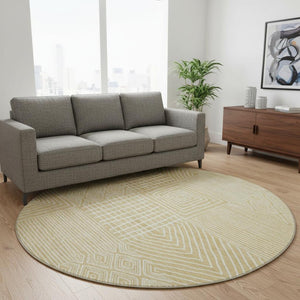 HomeRoots 8' Wheat and Ivory Geometric Round Rug – Washable, UV-Protected, Stylish & Durable for Any Space 681938