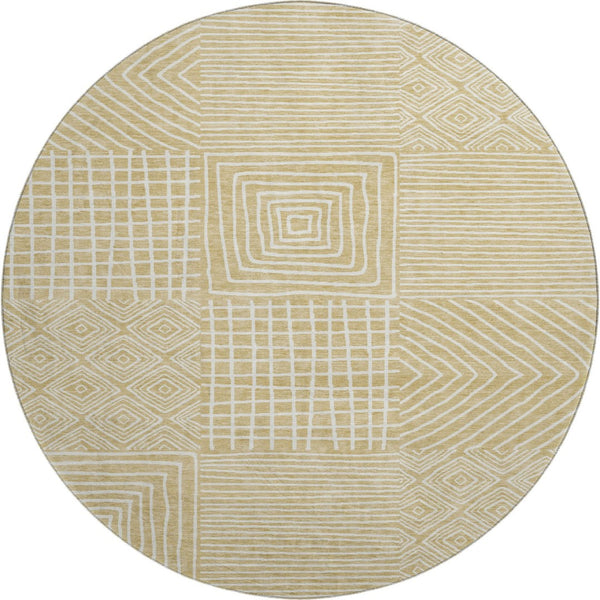 HomeRoots 8' Wheat and Ivory Geometric Round Rug – Washable, UV-Protected, Stylish & Durable for Any Space 681938
