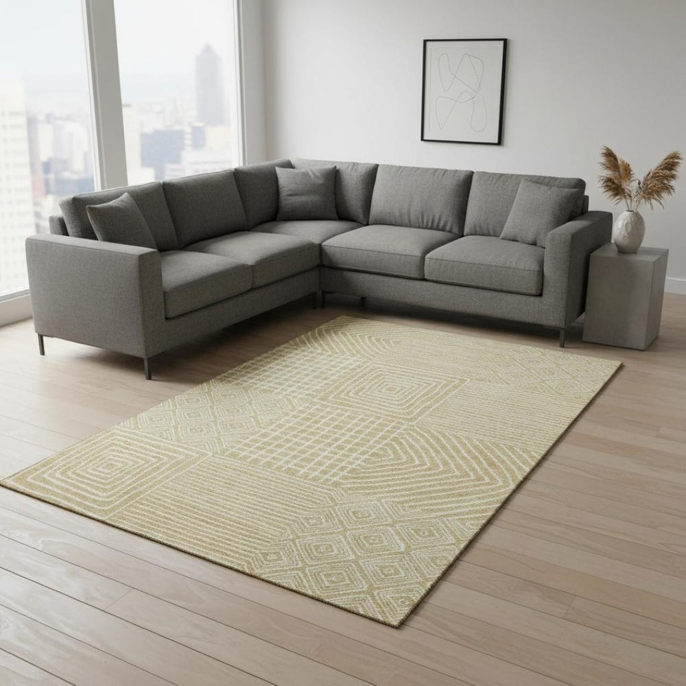 HomeRoots 9' X 12' Washable Wheat and Ivory Geometric Area Rug with UV Protection for Modern Homes & Families 681940