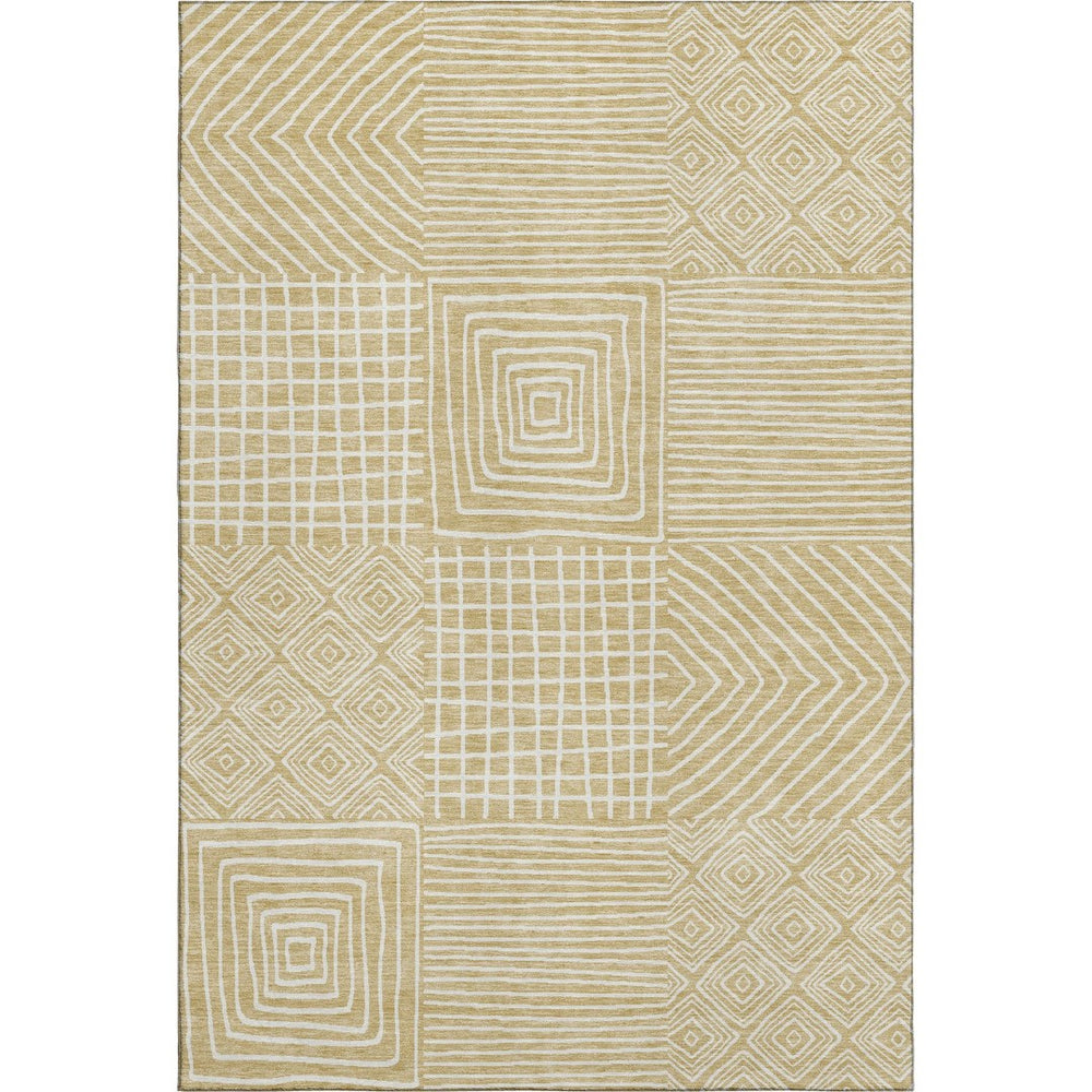 HomeRoots 9' X 12' Washable Wheat and Ivory Geometric Area Rug with UV Protection for Modern Homes & Families 681940