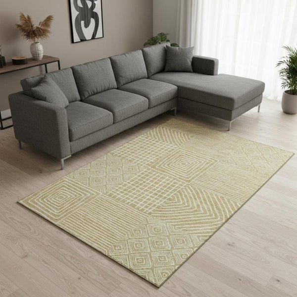HomeRoots 10' X 14' Wheat and Ivory Geometric Area Rug - Durable, Washable, UV Protected for Modern Living Spaces 681941