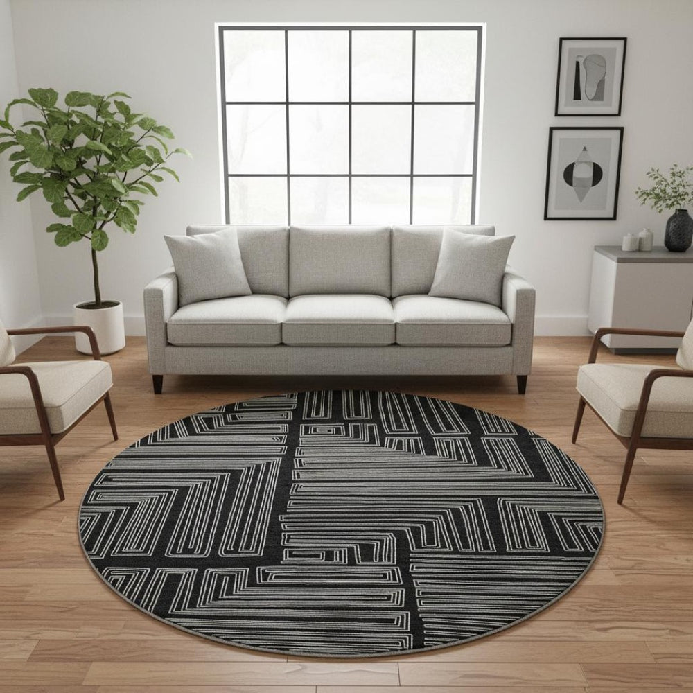 HomeRoots 8' Washable Round Rug in Black and Ivory Geometric Design with UV Protection for Busy Homes 681950
