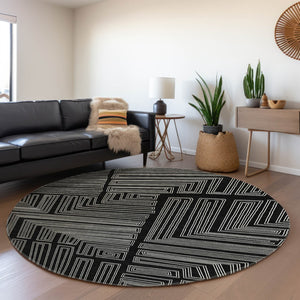 HomeRoots 8' Washable Round Rug in Black and Ivory Geometric Design with UV Protection for Busy Homes 681950