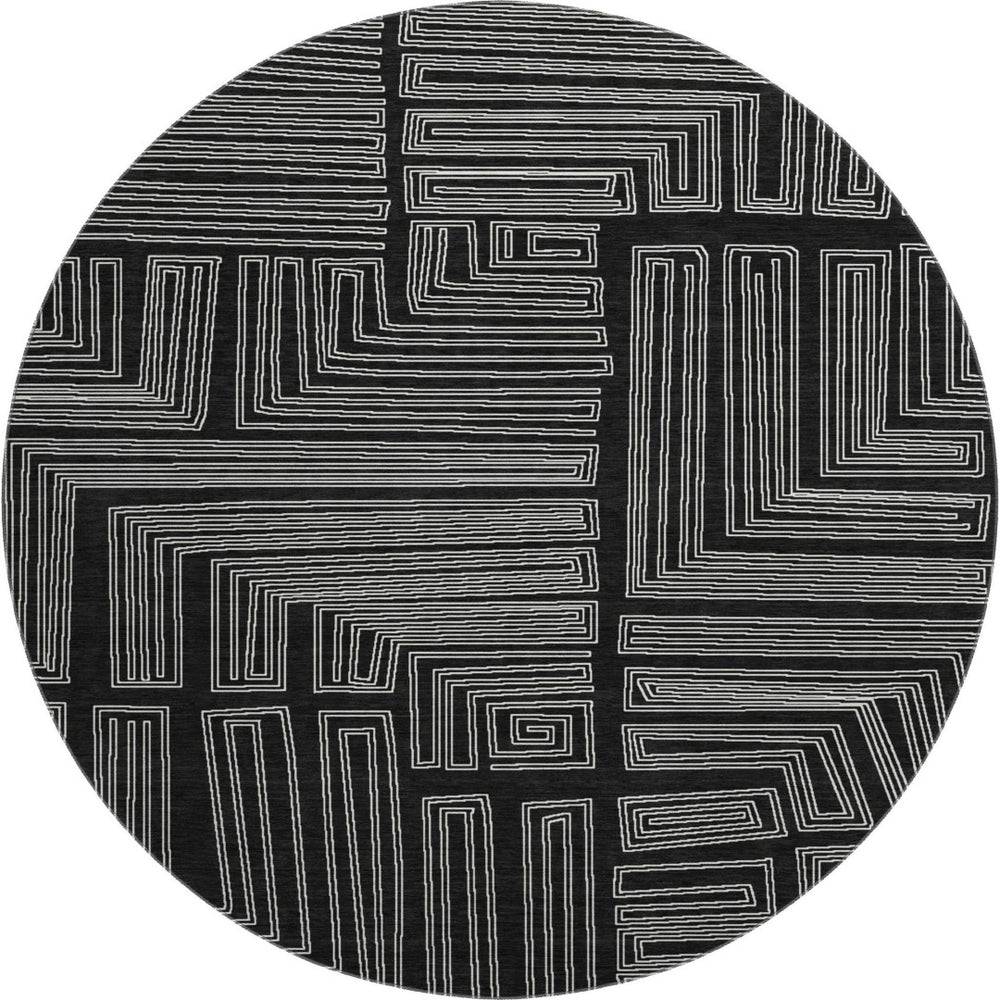 HomeRoots 8' Washable Round Rug in Black and Ivory Geometric Design with UV Protection for Busy Homes 681950