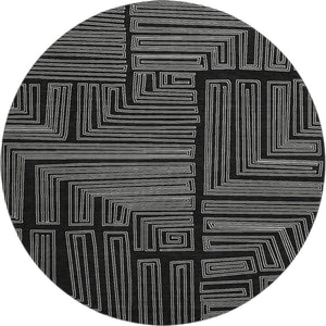 HomeRoots 8' Washable Round Rug in Black and Ivory Geometric Design with UV Protection for Busy Homes 681950