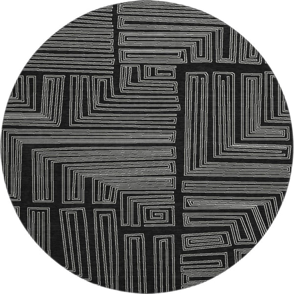 HomeRoots 8' Washable Round Rug in Black and Ivory Geometric Design with UV Protection for Busy Homes 681950