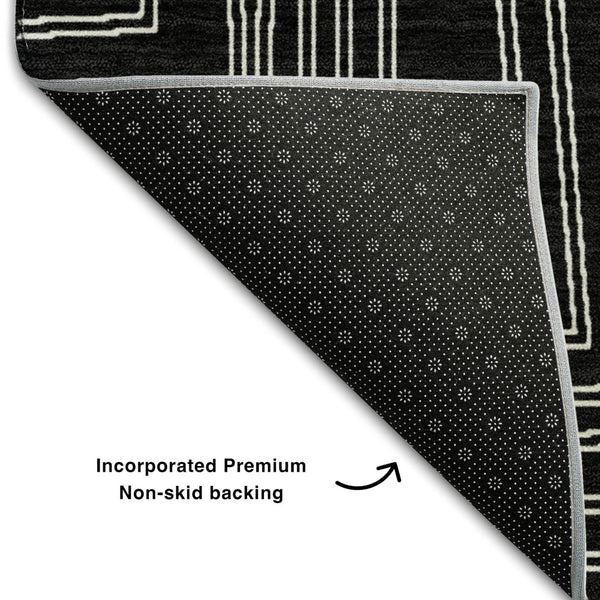 HomeRoots 8' Washable Round Rug in Black and Ivory Geometric Design with UV Protection for Busy Homes 681950