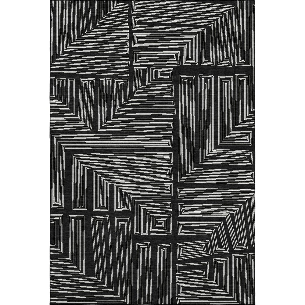 HomeRoots 8' X 10' Black And Ivory Geometric Washable Area Rug - Durable, UV-Protected, Perfect for High-Traffic Spaces 681951