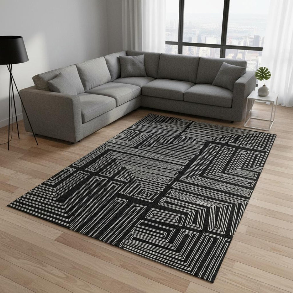 HomeRoots 10' X 14' Black And Ivory Geometric Area Rug – Durable, Washable, UV-Protected for Modern Spaces 681953