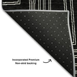 HomeRoots 10' X 14' Black And Ivory Geometric Area Rug – Durable, Washable, UV-Protected for Modern Spaces 681953
