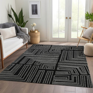 HomeRoots 10' X 14' Black And Ivory Geometric Area Rug – Durable, Washable, UV-Protected for Modern Spaces 681953