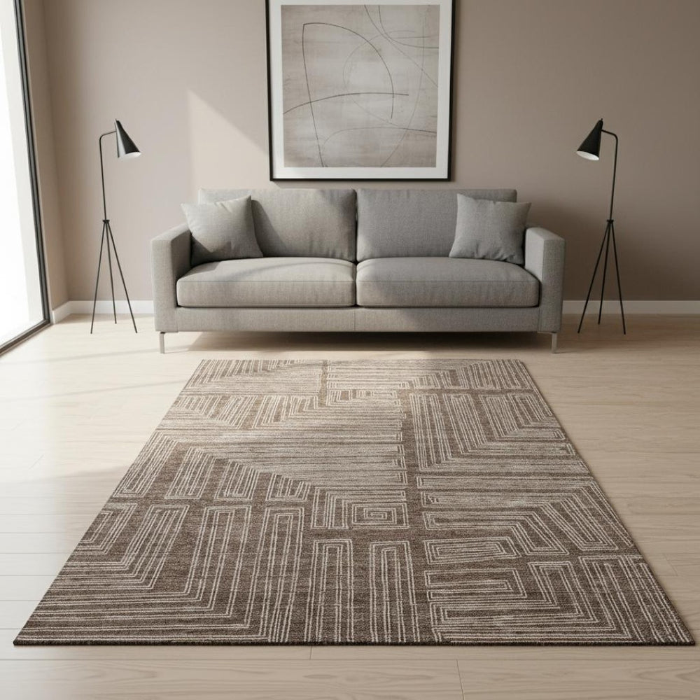 HomeRoots 5' X 8' Stylish Brown and Beige Geometric Washable Area Rug with UV Protection for Every Room 681955