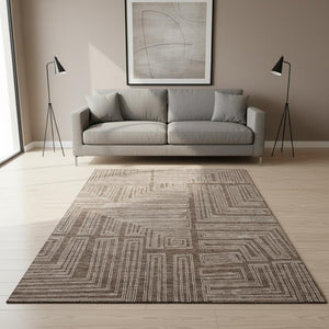 HomeRoots 5' X 8' Stylish Brown and Beige Geometric Washable Area Rug with UV Protection for Every Room 681955