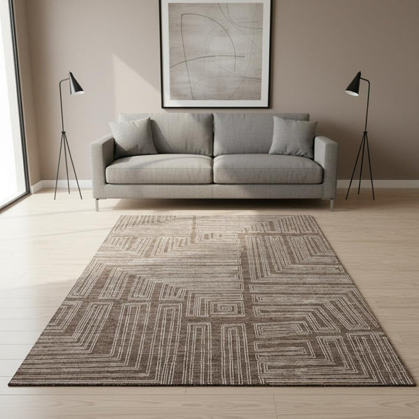 HomeRoots 5' X 8' Stylish Brown and Beige Geometric Washable Area Rug with UV Protection for Every Room 681955
