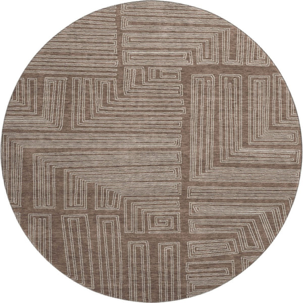 HomeRoots 8' Brown and Beige Geometric Round Rug - Washable, UV Protected, Perfect for Homes with Kids & Pets 681956