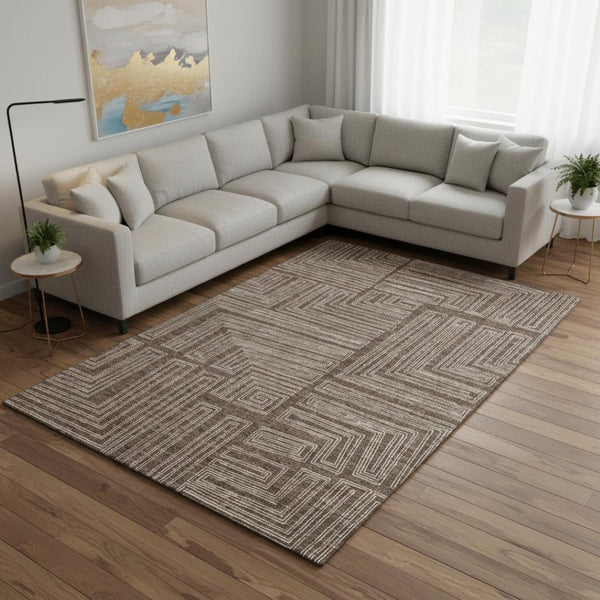 HomeRoots 8' X 10' Brown and Beige Geometric Area Rug - Washable, UV Protected, Durable for High-Traffic Rooms 681957