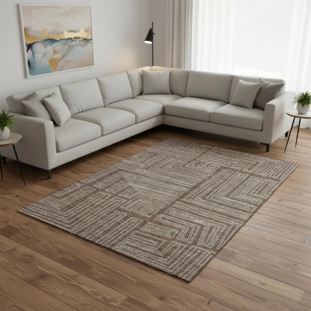 HomeRoots 9' X 12' Brown And Beige Geometric Area Rug - Washable, UV Protected, Perfect for High-Traffic Spaces 681958