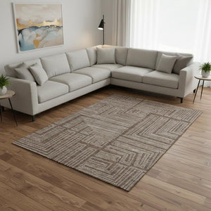 HomeRoots 9' X 12' Brown And Beige Geometric Area Rug - Washable, UV Protected, Perfect for High-Traffic Spaces 681958
