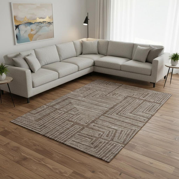 HomeRoots 9' X 12' Brown And Beige Geometric Area Rug - Washable, UV Protected, Perfect for High-Traffic Spaces 681958