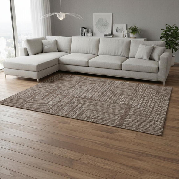 HomeRoots 10' Geometric Area Rug in Brown & Beige – Durable, Washable, UV-Resistant for High-Traffic Spaces 681959