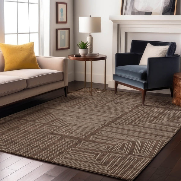 HomeRoots 10' Geometric Area Rug in Brown & Beige – Durable, Washable, UV-Resistant for High-Traffic Spaces 681959