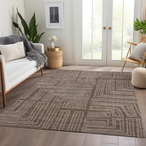 HomeRoots 10' Geometric Area Rug in Brown & Beige – Durable, Washable, UV-Resistant for High-Traffic Spaces 681959