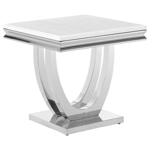English Elm Durante White & Chrome U-Shaped End Table – Elegant Faux Marble Square Design For Modern Spaces B062S00723