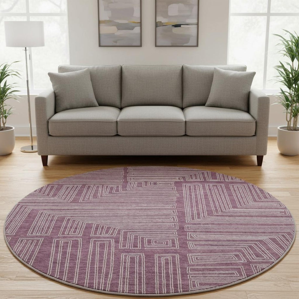 HomeRoots 8' Stunning Eggplant & Ivory Geometric Washable Round Rug - UV Protected, Durable, Low-Maintenance! 681962