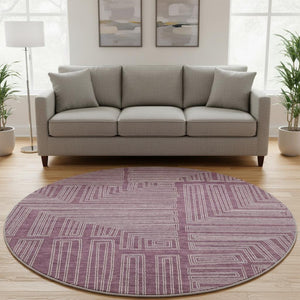 HomeRoots 8' Stunning Eggplant & Ivory Geometric Washable Round Rug - UV Protected, Durable, Low-Maintenance! 681962