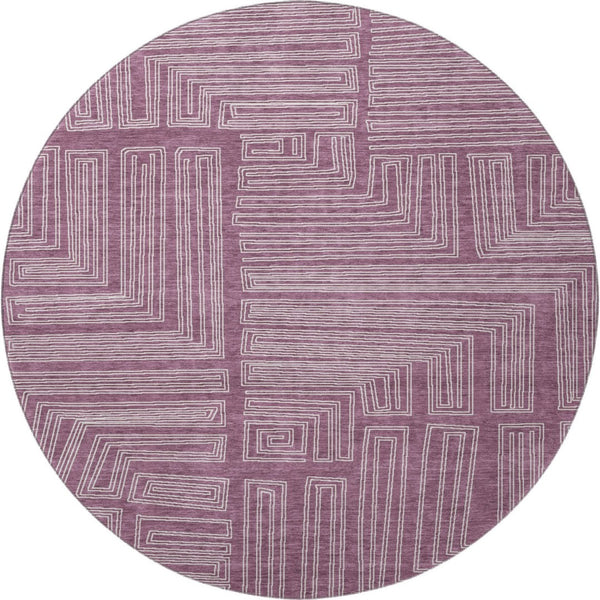 HomeRoots 8' Stunning Eggplant & Ivory Geometric Washable Round Rug - UV Protected, Durable, Low-Maintenance! 681962