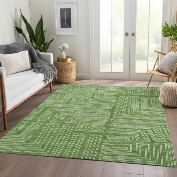 HomeRoots 5' X 8' Green and Ivory Geometric Area Rug – Washable, UV Protected, Stylish for Any Space! 681967