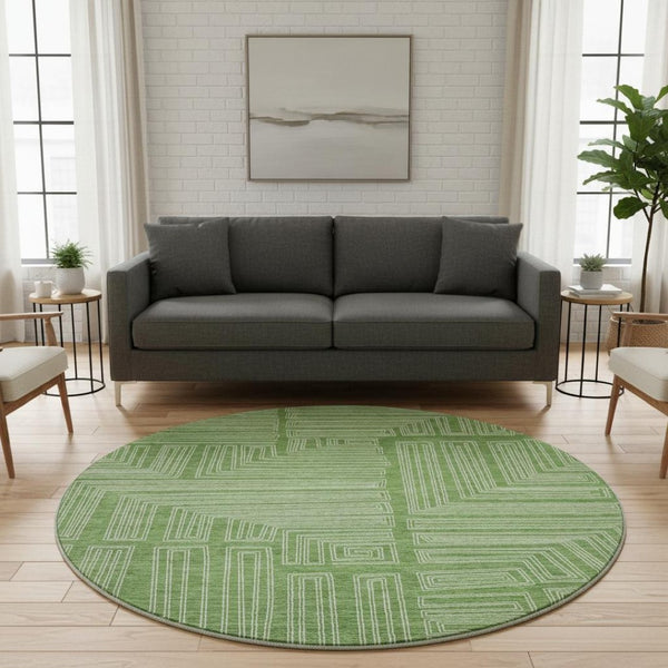 HomeRoots 8' Green And Ivory Geometric Round Rug - Washable, UV-Protected, Perfect for Busy Homes with Kids! 681968
