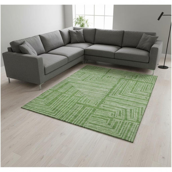 HomeRoots 9' X 12' Geometric Washable Area Rug - Green & Ivory, UV Protected, Stain Resistant for High-Traffic Areas 681970