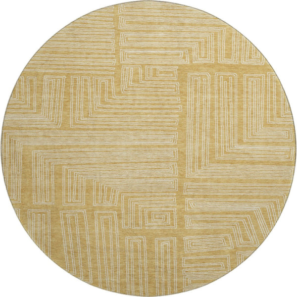 HomeRoots 8' Gold and Ivory Geometric Round Rug - Washable, UV-Protected, Stain-Resistant for Busy Homes 681974