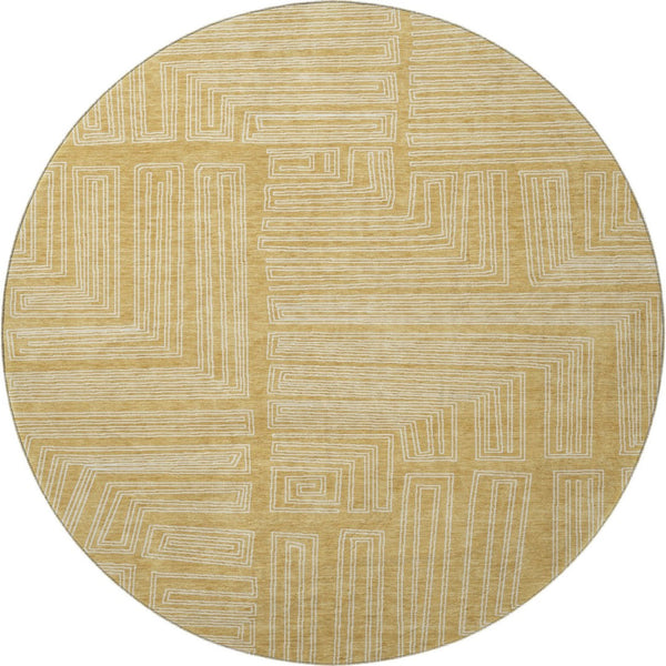 HomeRoots 8' Gold and Ivory Geometric Round Rug - Washable, UV-Protected, Stain-Resistant for Busy Homes 681974